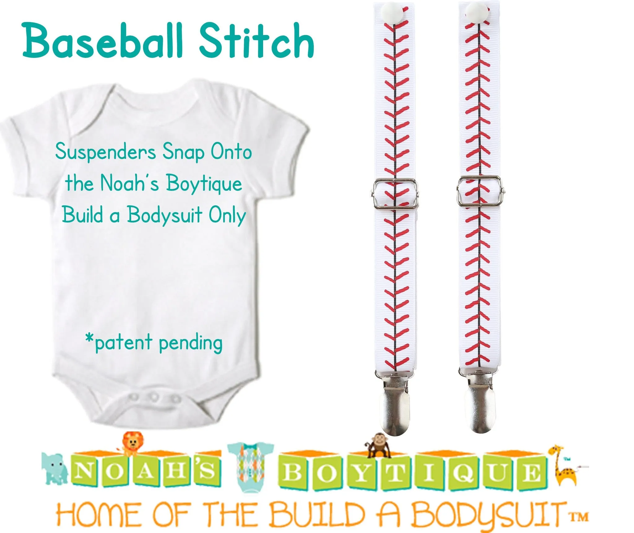 Baseball Stitch Noah's Boytique Bodysuit Suspenders - Snap on Suspenders