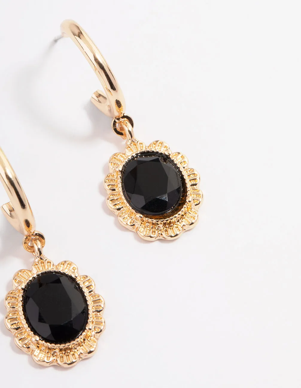 Black Miligrain Stone Huggie Drop Earrings