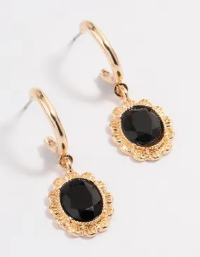 Black Miligrain Stone Huggie Drop Earrings