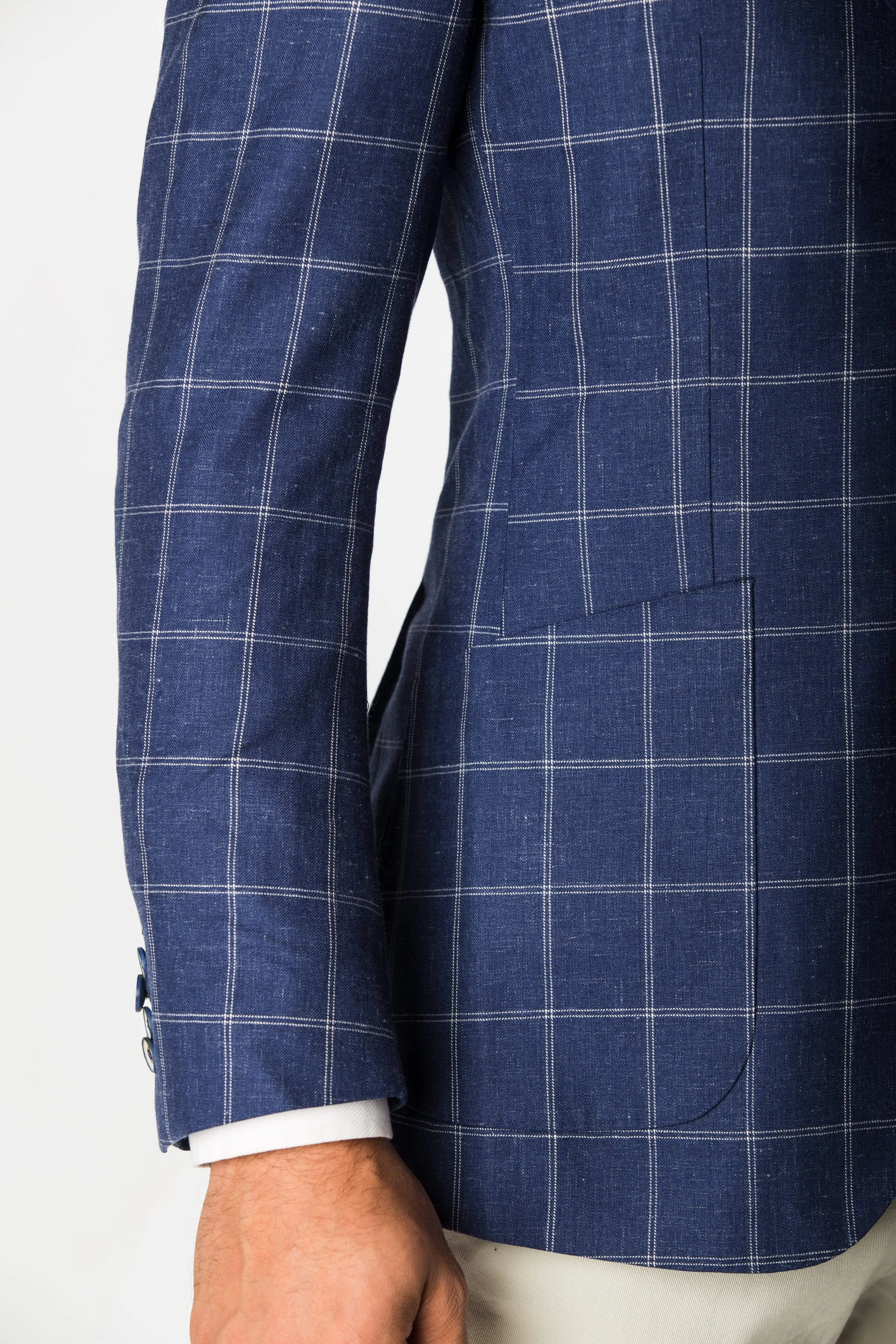 Blue Wool Silk Linen Windowpane - Rental