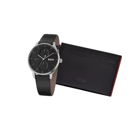 BOSS Tyler Men's Black Leather Strap Watch & Card Holder Set