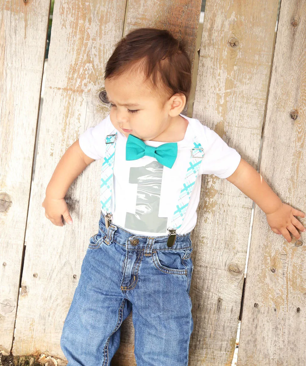 Boys First Birthday Outfit - Number One Outfit - Teal Plaid Suspender Bow Tie - Teal Grey Gray Plaid - 1st Birthday - Cake Smash - 1st