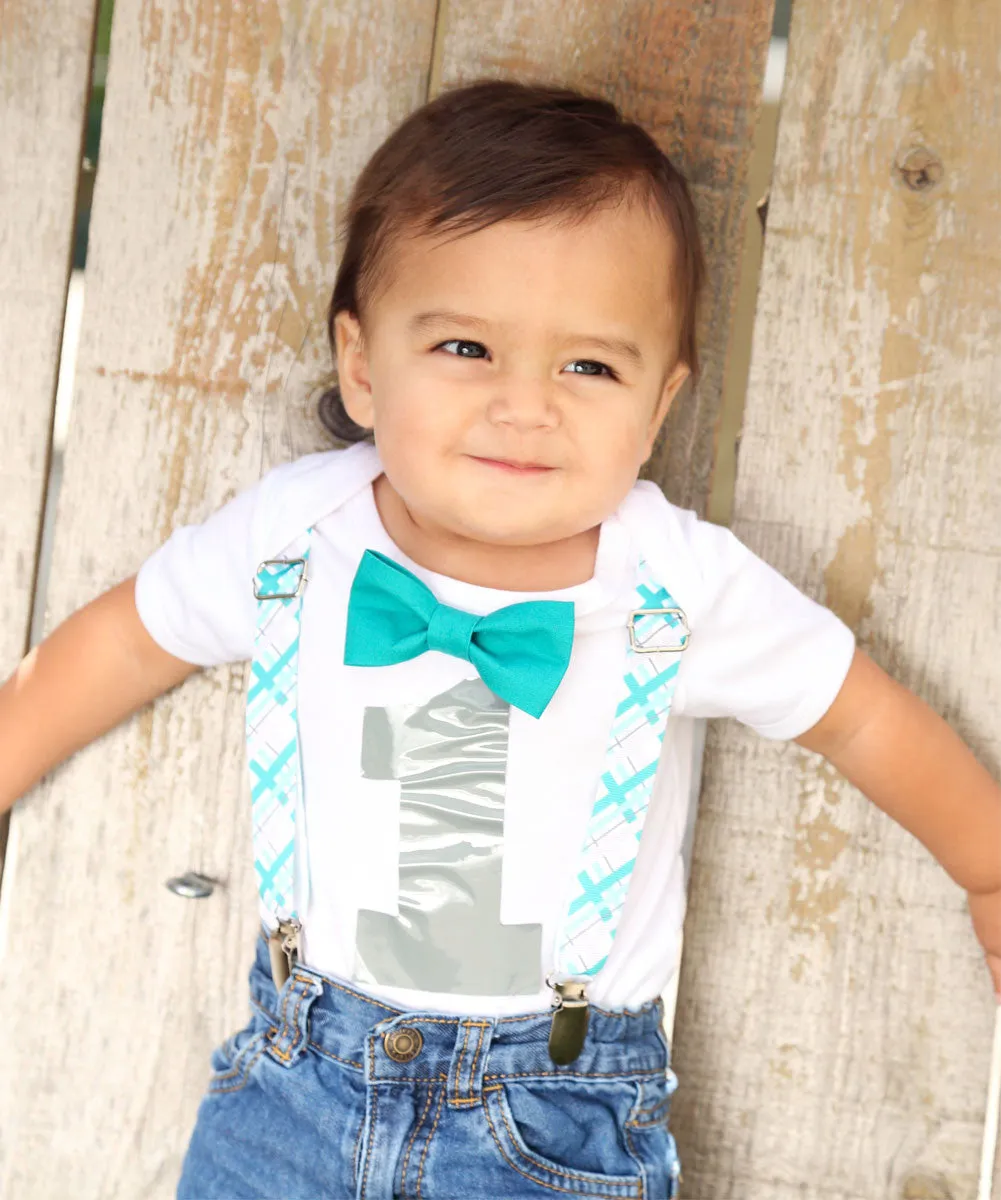 Boys First Birthday Outfit - Number One Outfit - Teal Plaid Suspender Bow Tie - Teal Grey Gray Plaid - 1st Birthday - Cake Smash - 1st