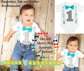 Boys First Birthday Outfit - Number One Outfit - Teal Plaid Suspender Bow Tie - Teal Grey Gray Plaid - 1st Birthday - Cake Smash - 1st