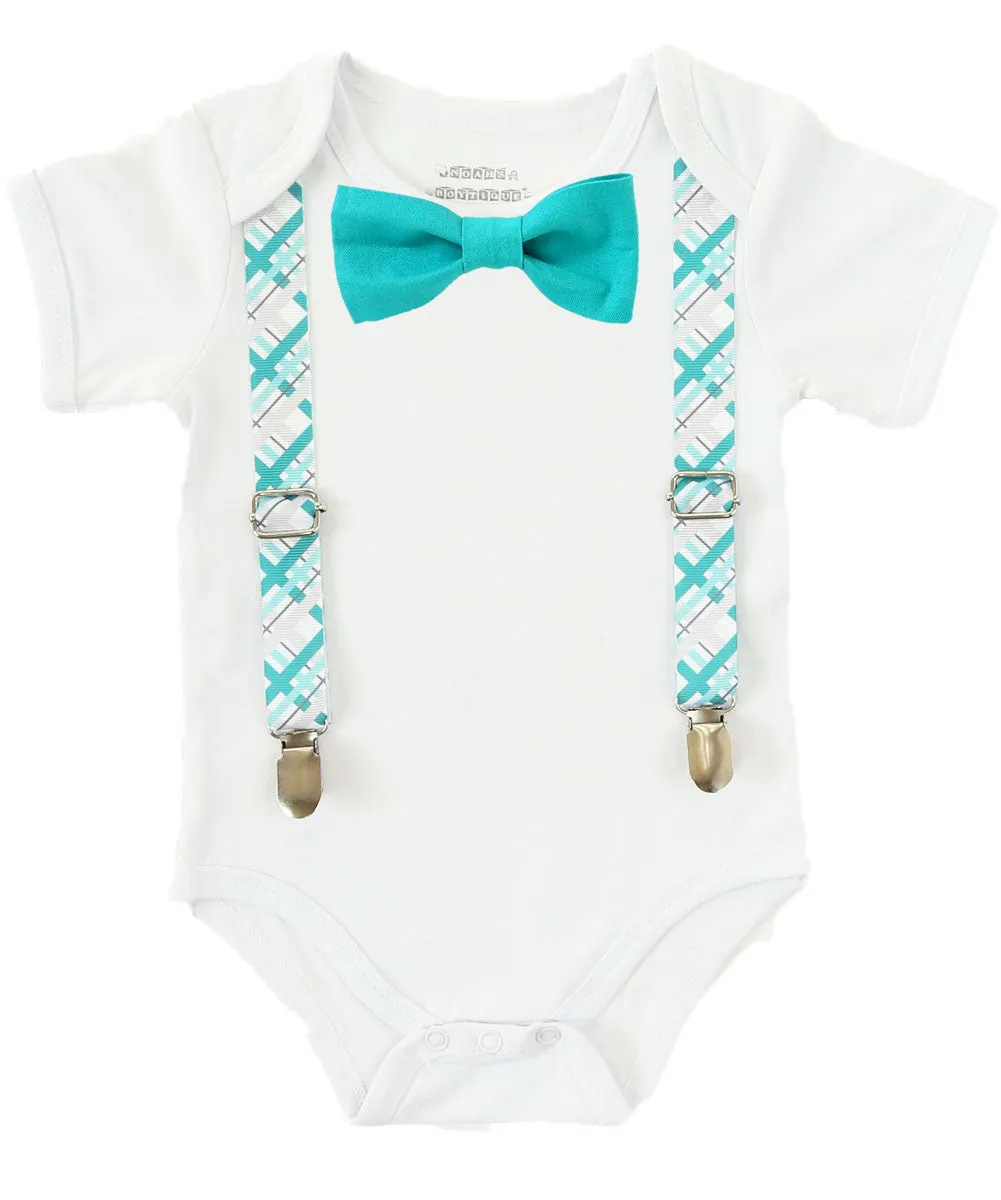 Boys First Birthday Outfit - Number One Outfit - Teal Plaid Suspender Bow Tie - Teal Grey Gray Plaid - 1st Birthday - Cake Smash - 1st