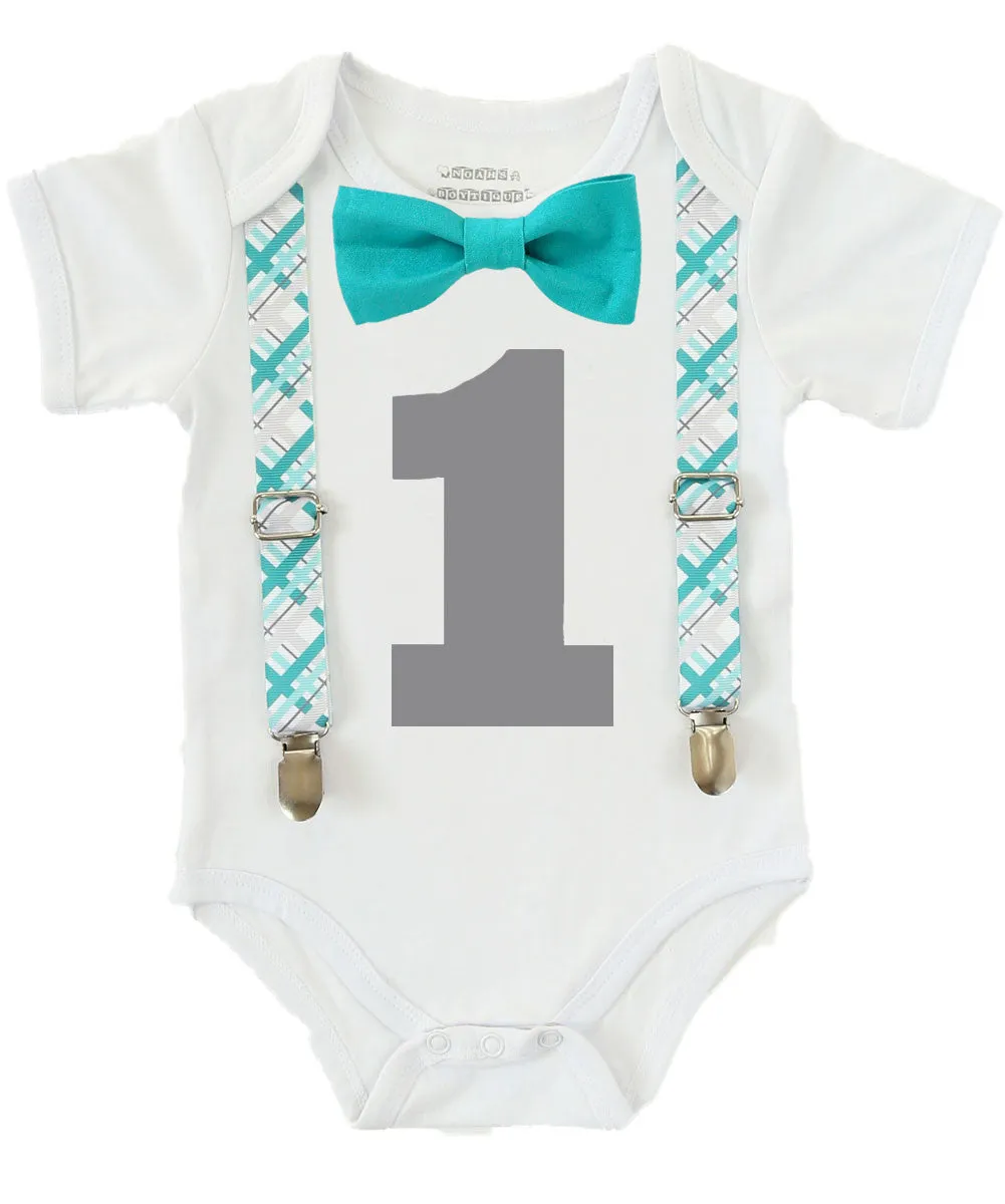 Boys First Birthday Outfit - Number One Outfit - Teal Plaid Suspender Bow Tie - Teal Grey Gray Plaid - 1st Birthday - Cake Smash - 1st