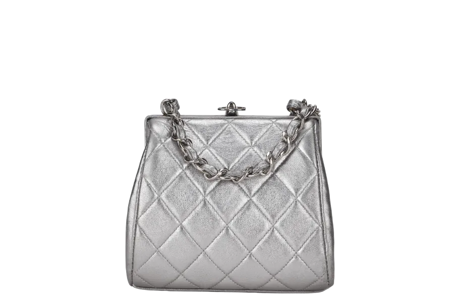 CHANEL VINTAGE TIMELESS FRAME BAG MINI QUILTED SILVER METALLIC LAMBSKIN SILVER HARDWARE (458xxxx)