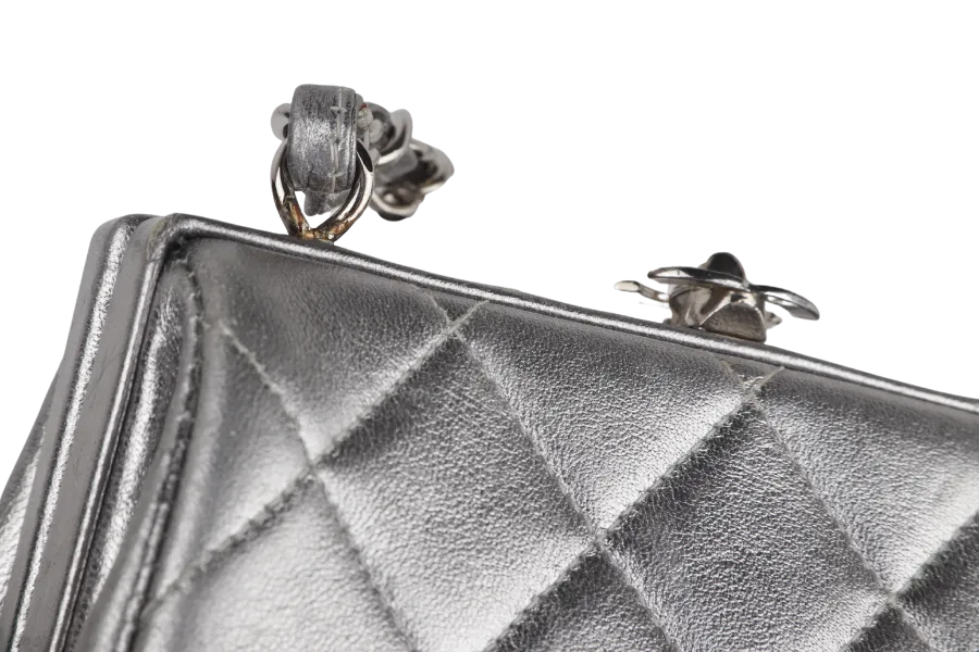 CHANEL VINTAGE TIMELESS FRAME BAG MINI QUILTED SILVER METALLIC LAMBSKIN SILVER HARDWARE (458xxxx)