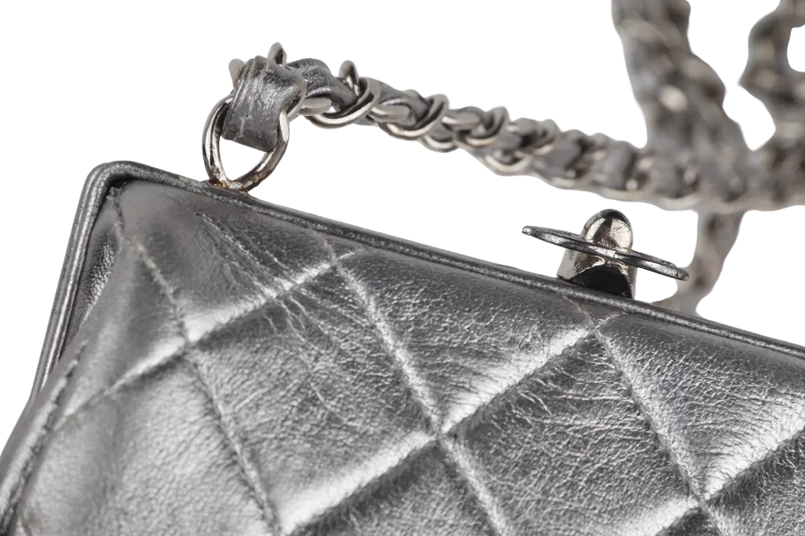 CHANEL VINTAGE TIMELESS FRAME BAG MINI QUILTED SILVER METALLIC LAMBSKIN SILVER HARDWARE (458xxxx)