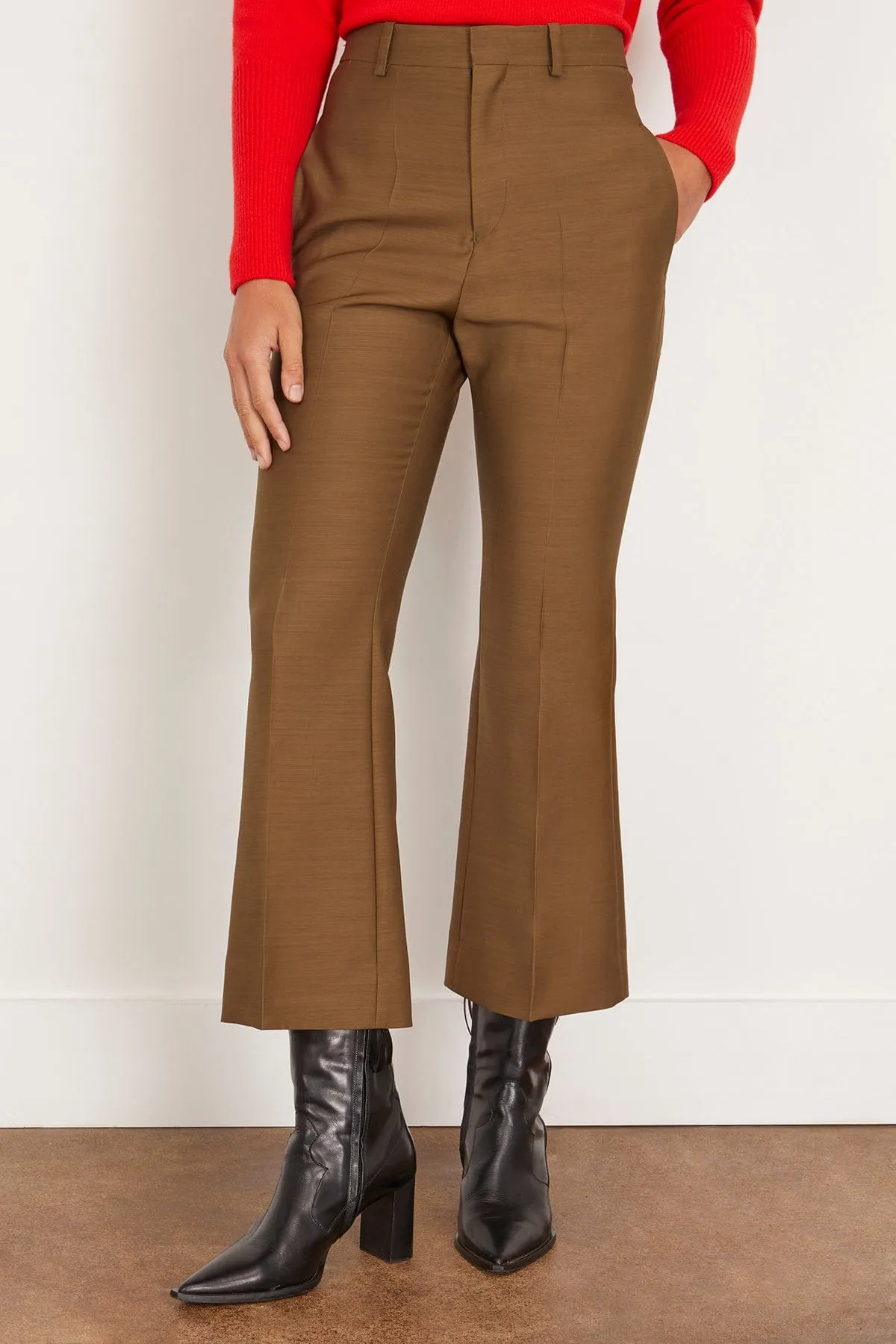 Credo Organic Wool and Silk Bootcut Trousers in Moss