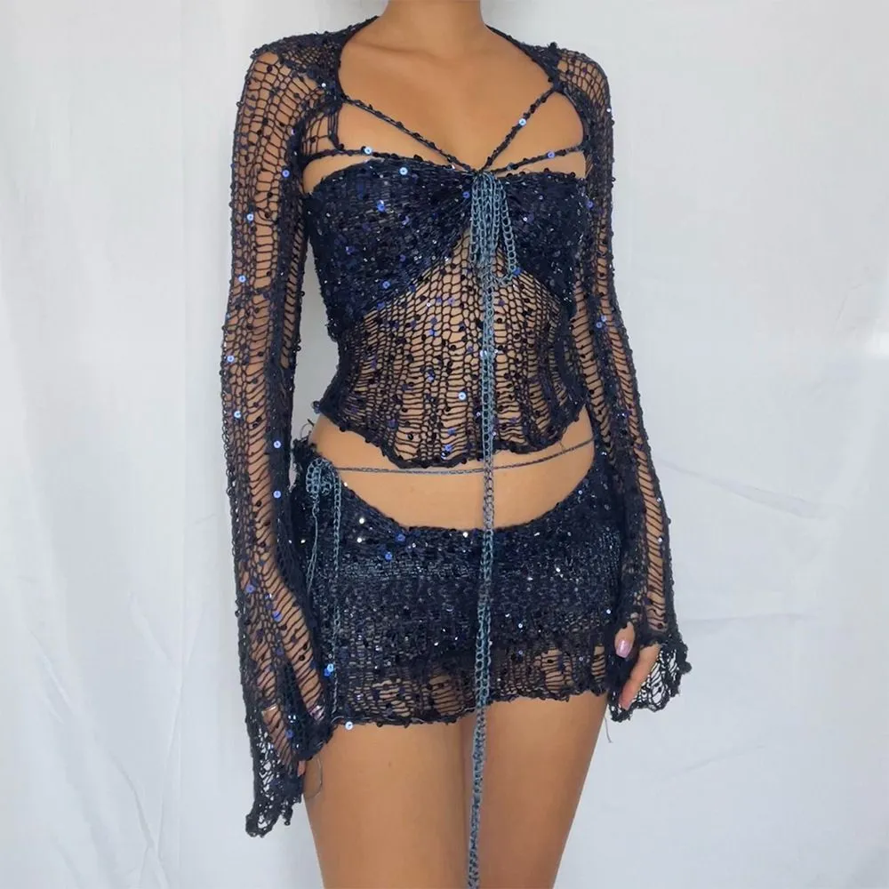 Shiny Sequin Beaded Strappy Tie Hollow Mesh Knitted Three Piece Skirt Set