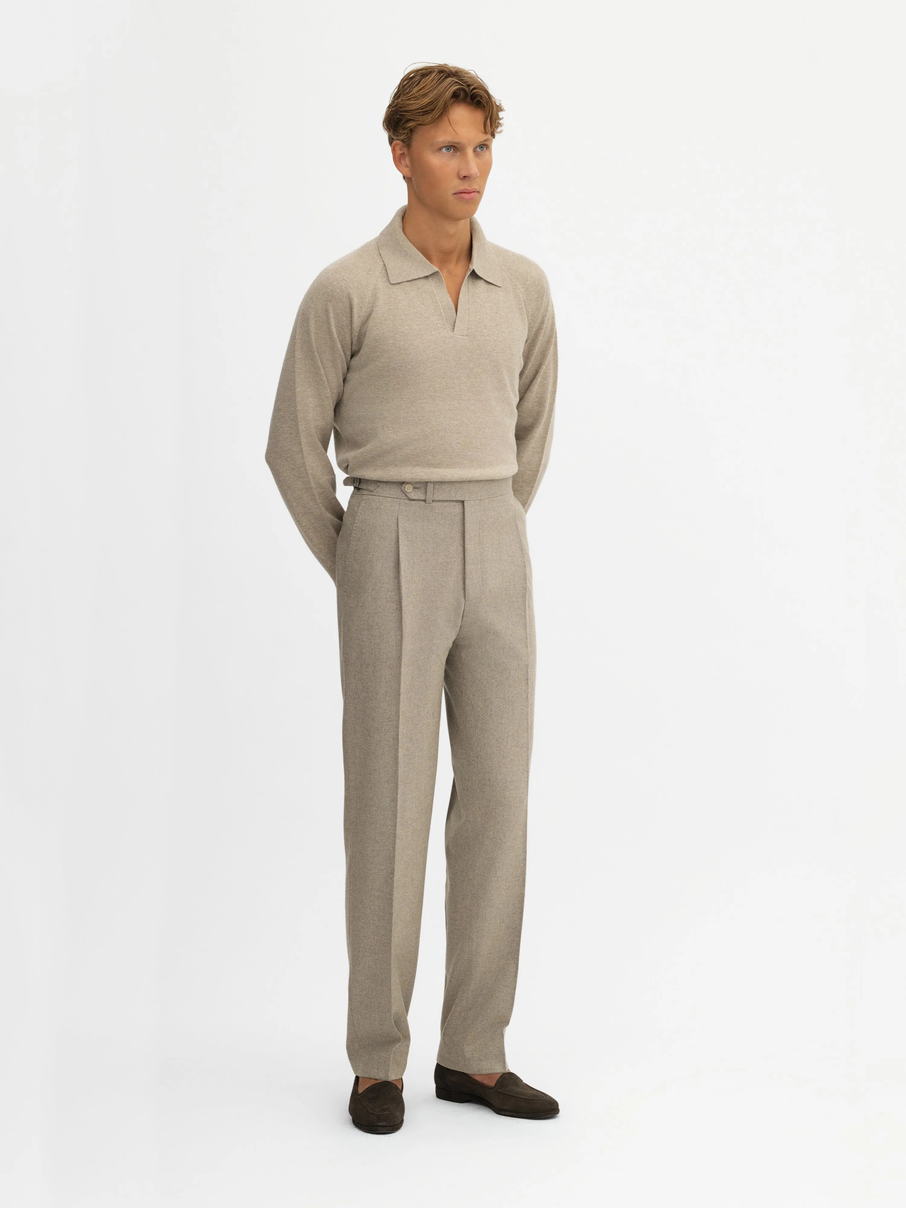 Taupe Wool Flannel Oscar Trousers (Wide Fit)